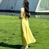Yellow Plaid Suspender Dress V-neck Neck Waist Long Dress Summer Spice Girl Design Sense Summer New Models Look Thin