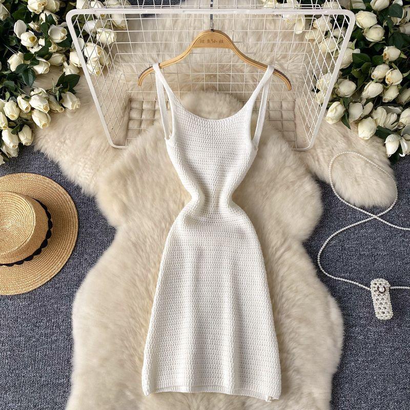 

Sexy Cutout Bare Back Dress Women s Summer Wear Pure Desire Sexy Short Skirt Silm Slim Looking Hip Spaghetti Straps Knitted Dress White All yards