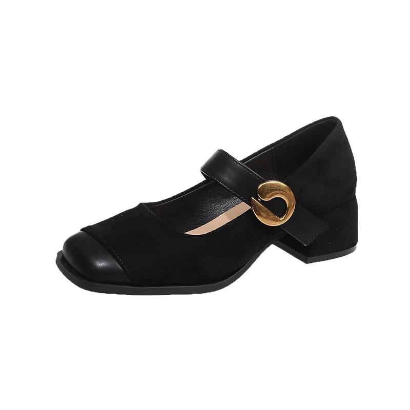 Female Green Velvet New Square Toe College Style Casual Pumps Fashion Shallow Buckle Shoes High Heel Shoes