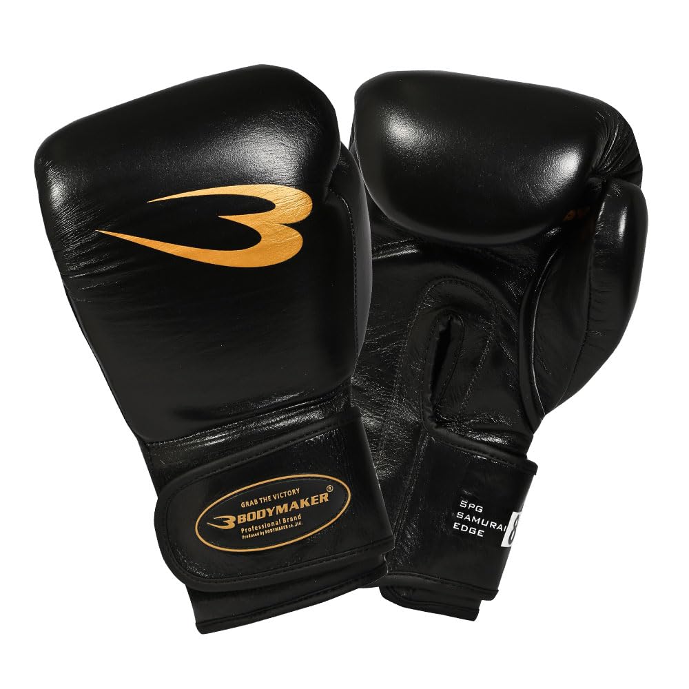 BODYMAKER Samurai Edge Boxing 16oz Genuine Leather Gloves, Black,