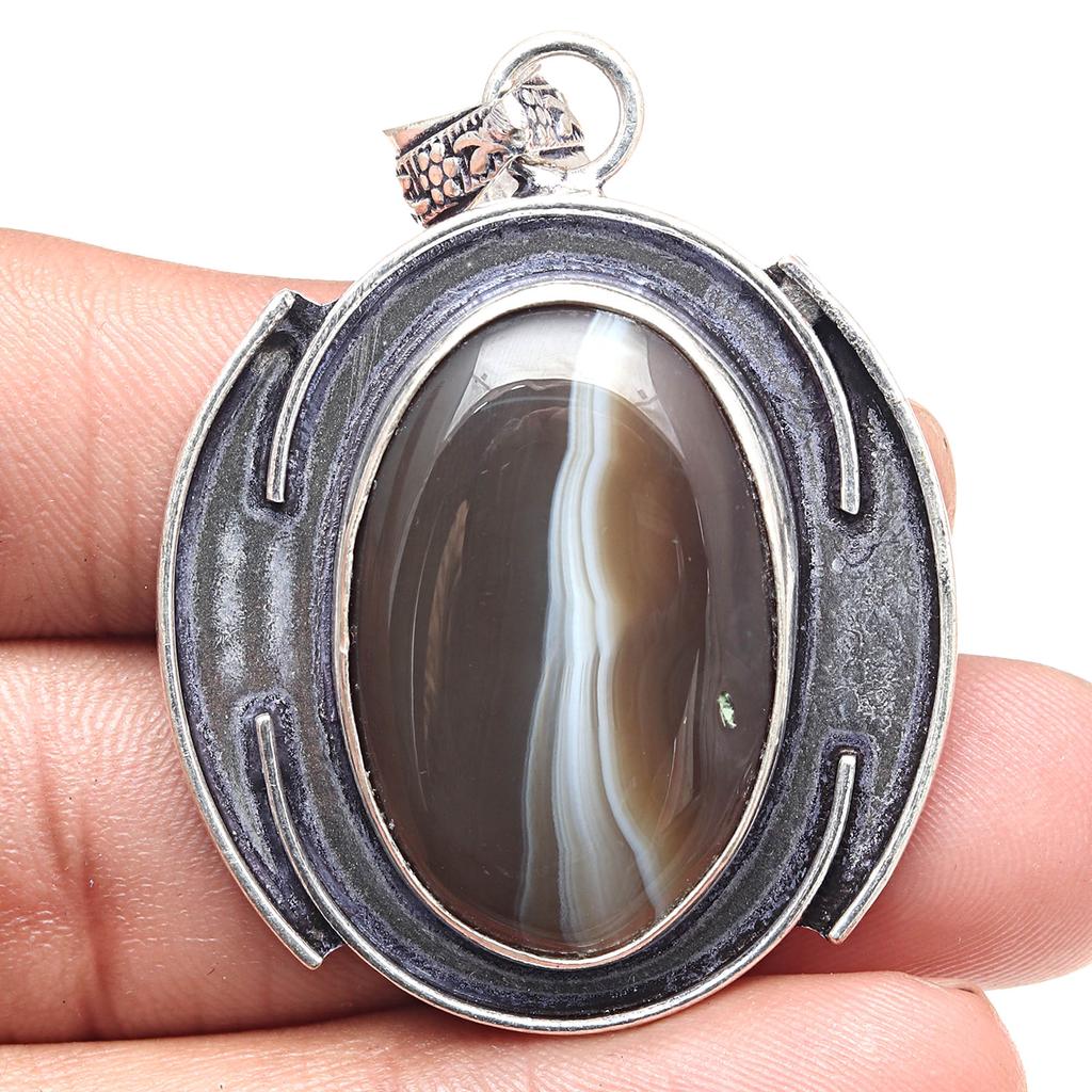 Pendant Gray Botswana Agate Gemstone Valentine'Day Gift Silver Jewelry 2.5"