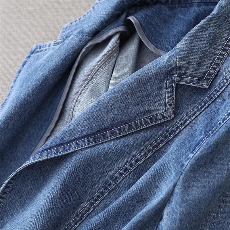 Damen Frühling und Herbst Jeansjacke Einfarbige Reversjacke Langärmelige Mittellange Taschenjacke