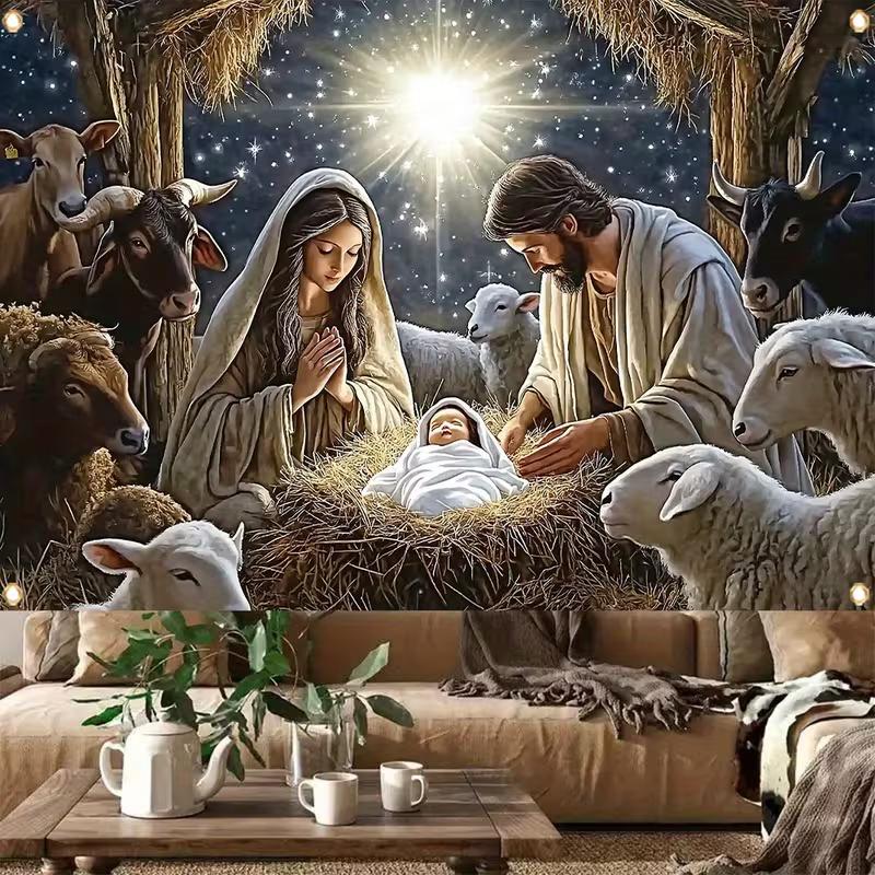 

2D Religious Nativity Scene Backdrop, Jesus Birth in Manger with Sheep & Star Christmas Background 47.2x31.5inch/120*80cm