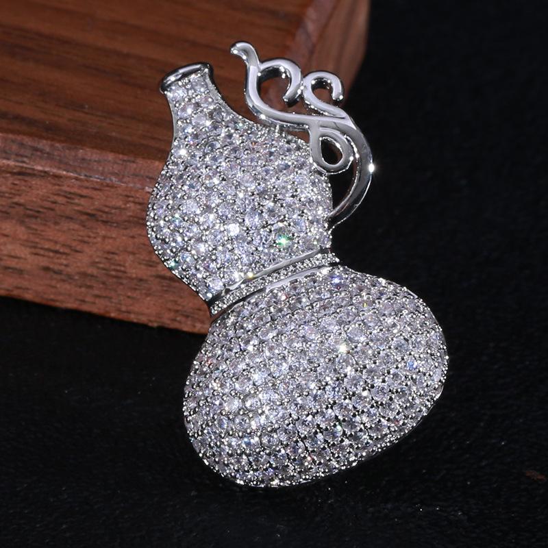 High-End Handmade Copper Inlaid Zirconium Gourd Brooch, Fashion Pin Jewelry Collar Pin Accessories