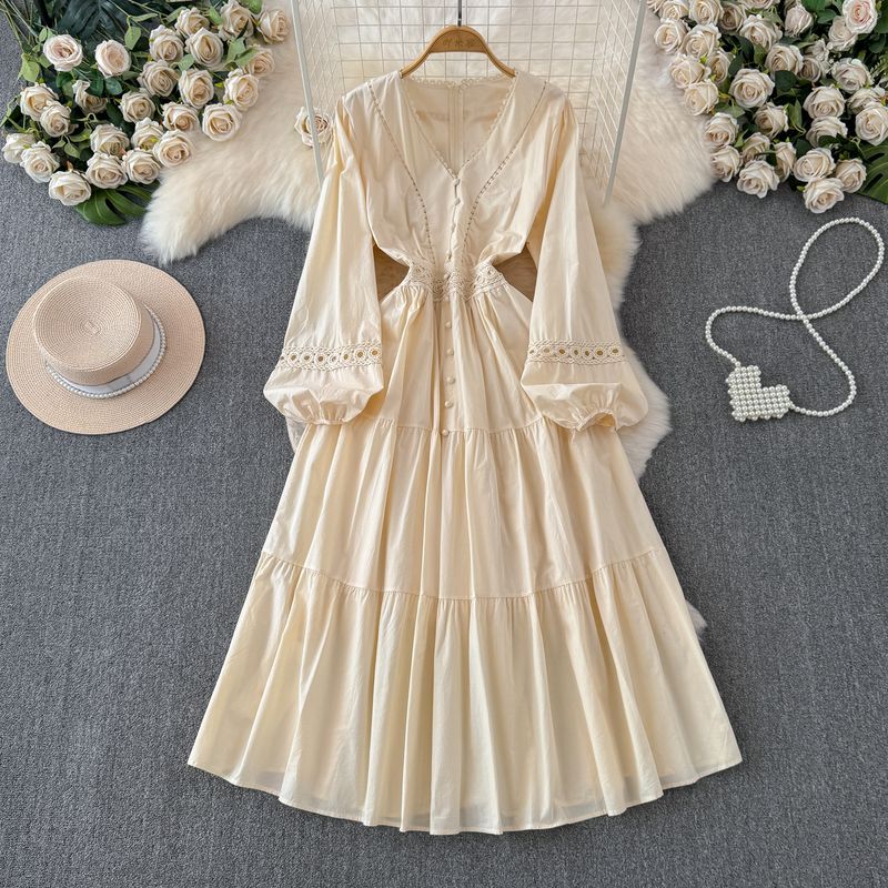 

Summer White Lace Dress French Seaside Holiday Beach Dress Yunnan Wear to Ankle Sun Protection Dress for Women Apricot XL