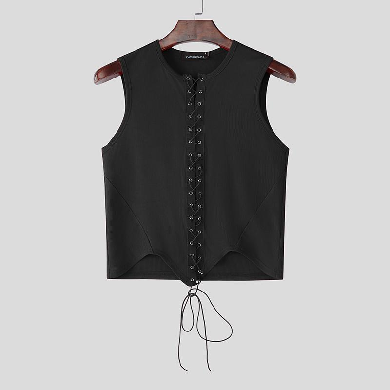 

INCERUN Men Summer Sleeveless Bandage Lace Up Irregular Skinny Crop Tank Tops