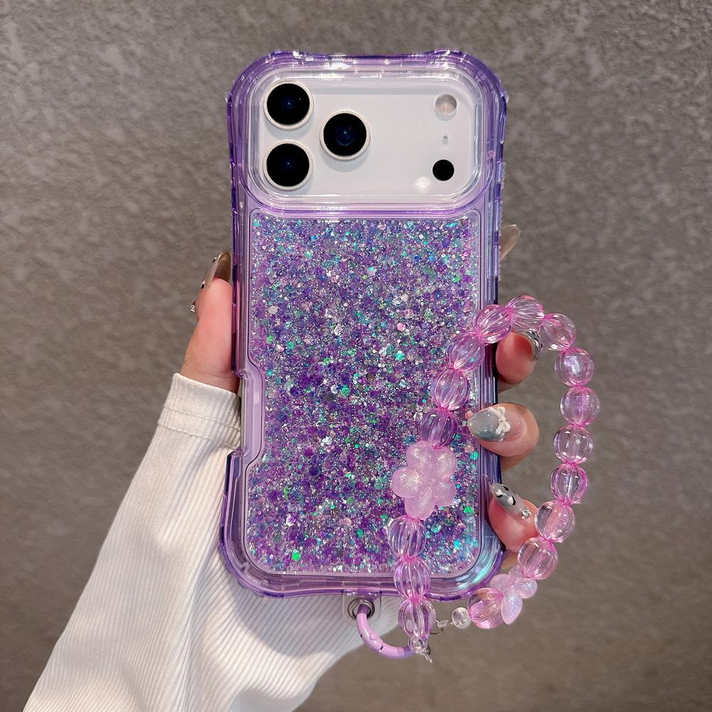 2-in-1 Four-corner Airbag Glitter Resin Bracelet Case For iPhone 17 Pro Max 17 Air 16e 16 Pro 15 Pro 14 + 13 12 11 Protect Cover