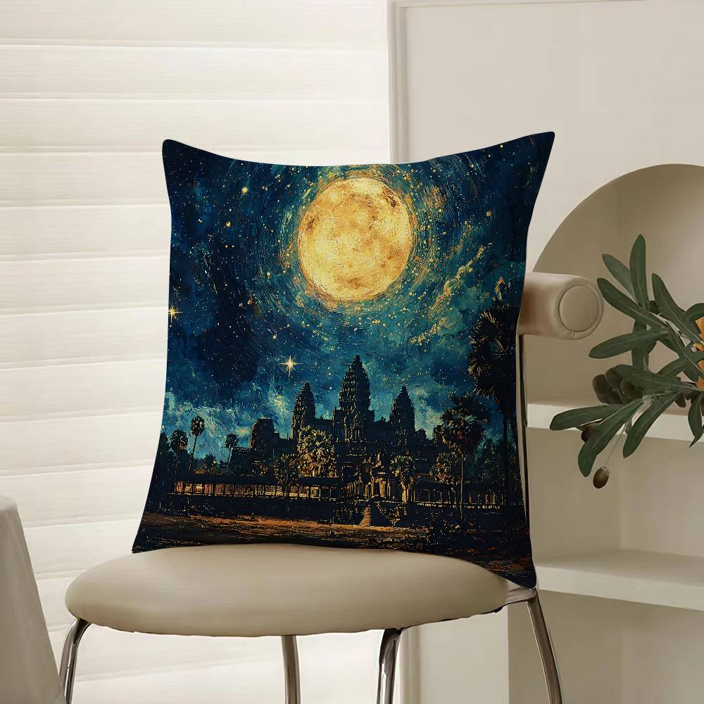 

Oil Painting Artwork Angkor Wat-W Pillow Case Comfort Sofa Bed Silky elegant Invisible zipper Decorative cushion cover 12x12Inch
