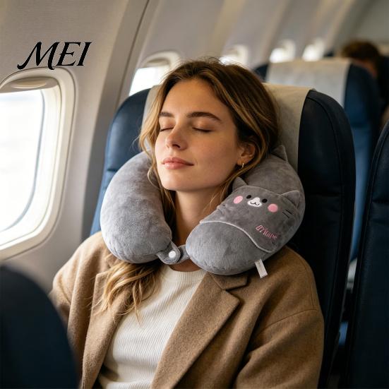 Neck Support Travel Pillow 1 Set U-Shaped with Eye Mask, Pillow, Cute Animal Comfort Design, for Road Trip Flight Pain Relief Portable
