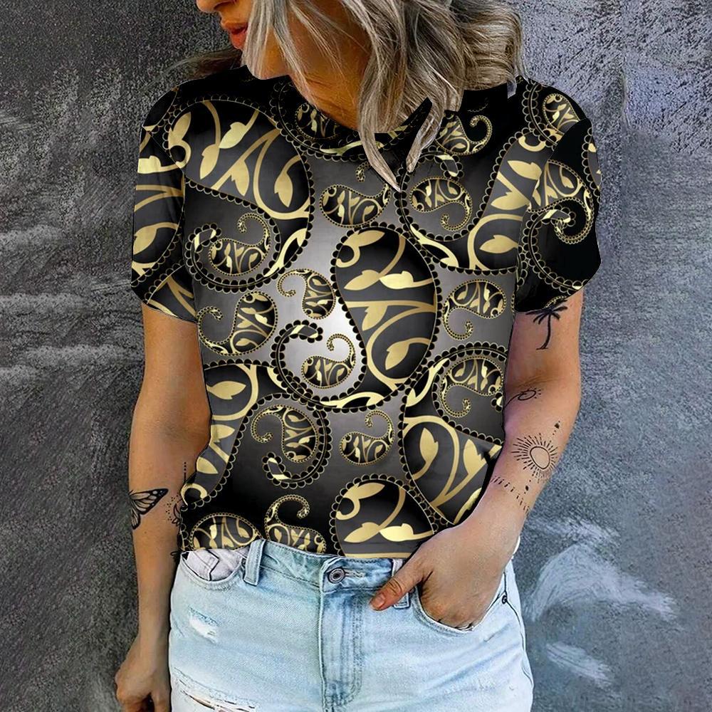 Baroque Style Black Gold Chain 3D Printed T-shirt Light Luxury Round Neck Short Sleeved Top for Women's Spring and Summer