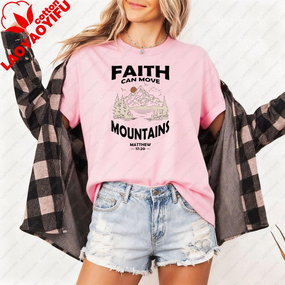 

Faith Can Move Mountains Bible Verse Women TShirt Cotton Short Sleeve for Christian Gift Casual Summer Top Fashion Graphic Tee S
