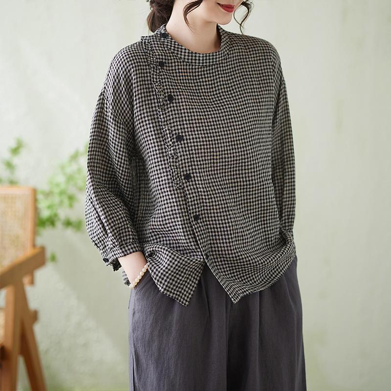 DIMANAF 2026 Plus Size Summer Women Blouse Shirts Tunic Oversize Loose Casual Lady Tops Vintage Lady Plaid Black