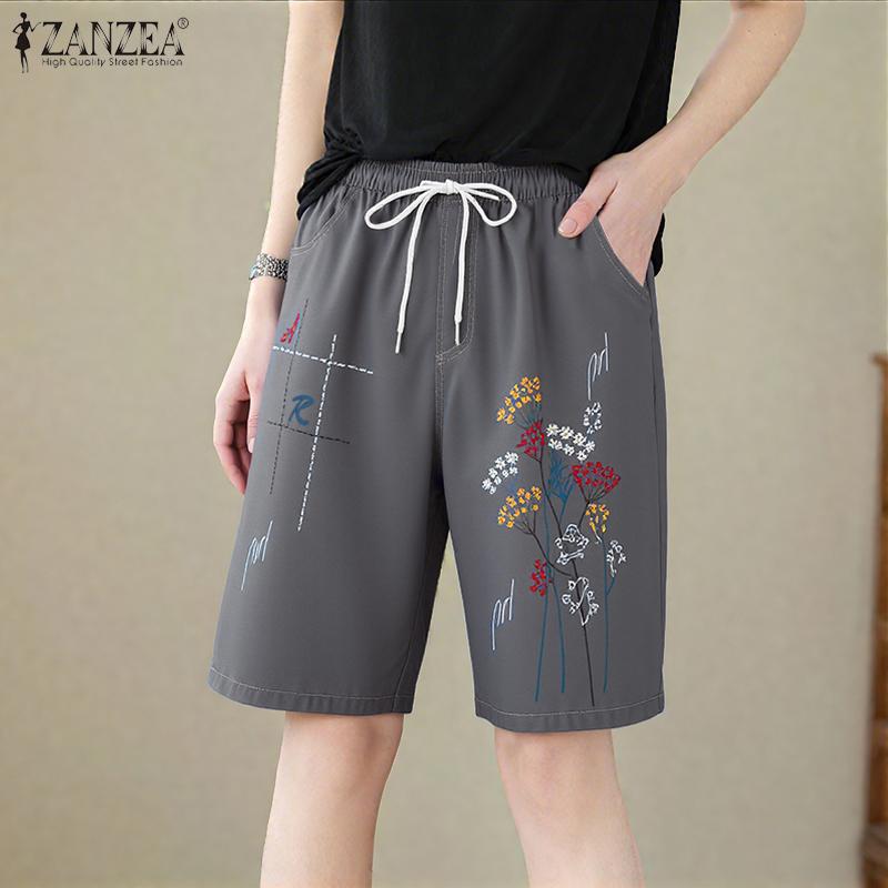 ZANZEA Women Casual Elastic Waist Drawstring Summer Print Short Pants