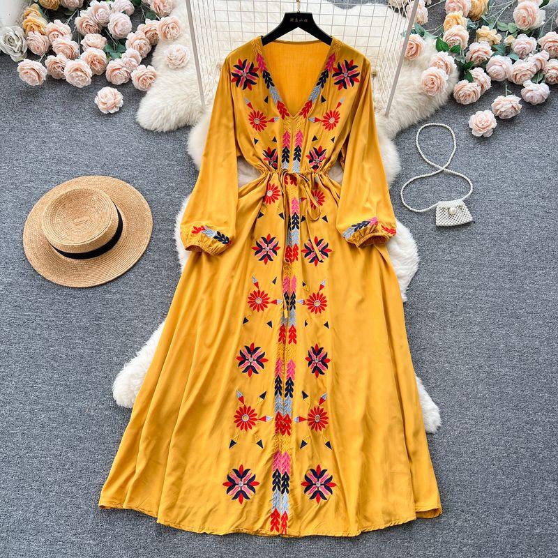 

Drawstring Waist Dress Retro Ethnic Style Embroider Yellow All yards