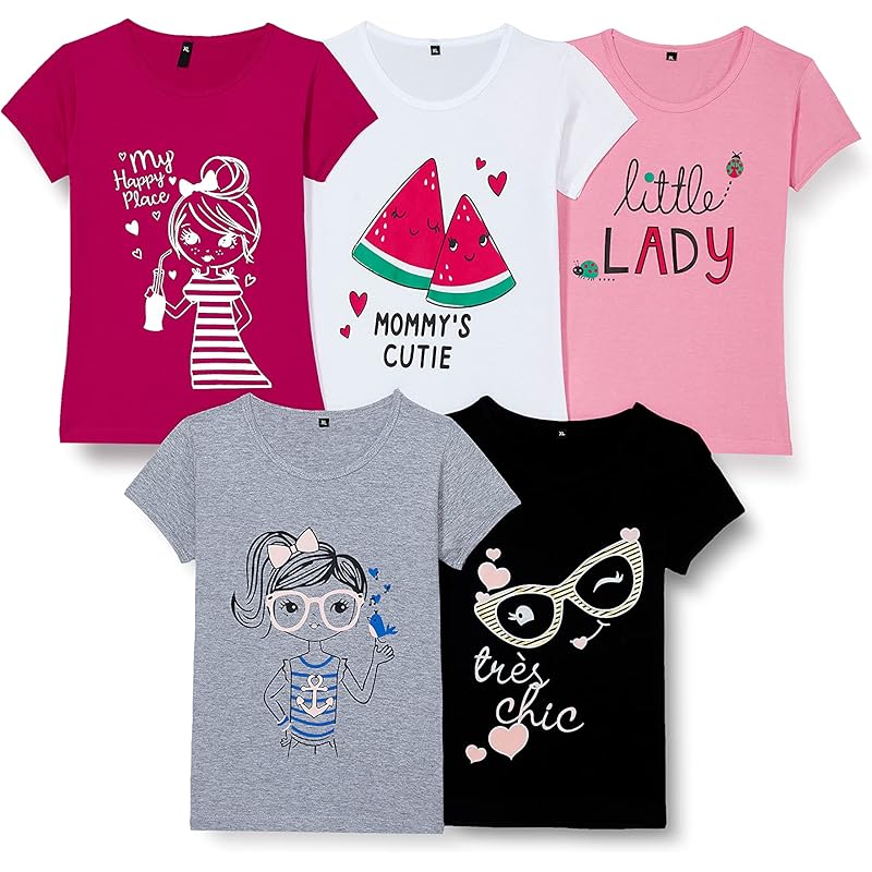 T2F Girls Solid Regular Fit T-Shirt Pack of 5(GLS-TSRT-01_Multi 1_2 Years-3 Years)