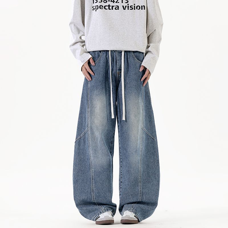 American retro trendy brand splicing scimitar jeans men's trend loose wide legs drape elastic waist long pants men