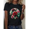 European Size Vintage Style Crew Neck Short Sleeve T-Shirt - Red Rose and Green Leaves Design - Casual, for Spring/Summer/Fall, Versatile Clothing