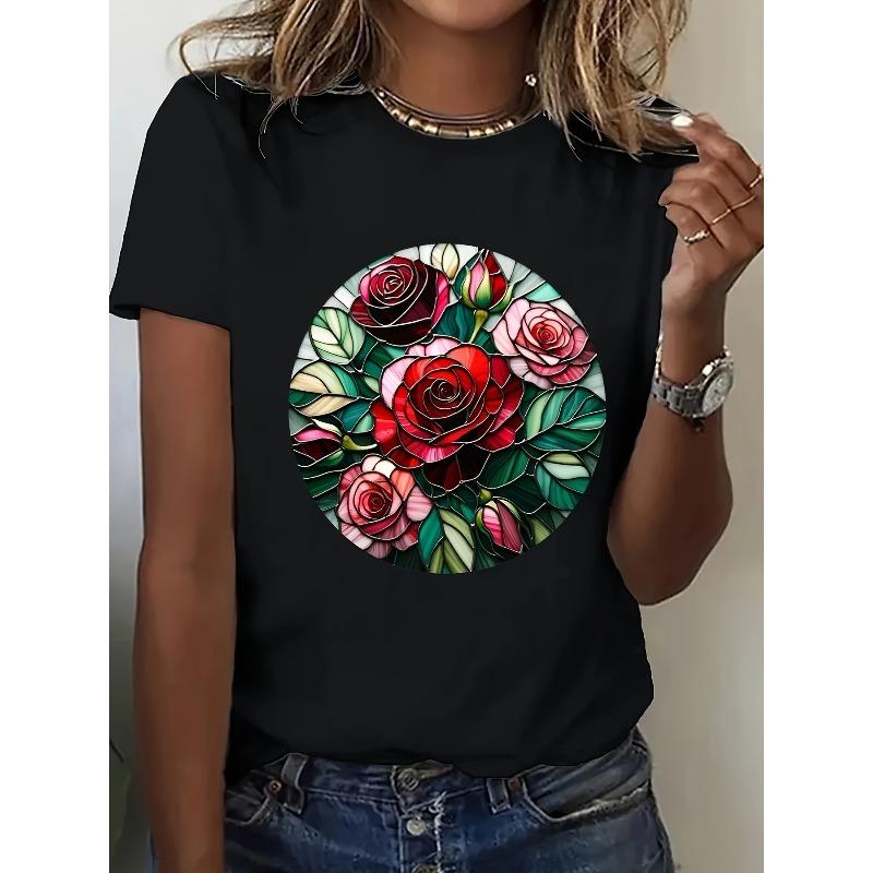 

European Size Vintage Style Crew Neck Short Sleeve T-Shirt - Red Rose and Green Leaves Design - Casual, for Spring/Summer/Fall, Versatile Clothing 4XL чорний