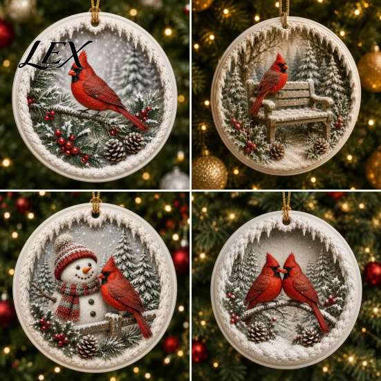 Nature Inspired Seasonal Decorations Acrylic Christmas Red Bird Ornament, Snow Scene Pattern Xmas Tree Pendant Hanging Decor, Retro Round for