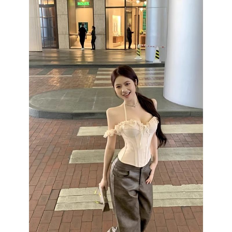 Kumikumi Pure Desire Style Sexy Lace Halter Top Sling Women Summer Slim fit Fishbone Corset Top