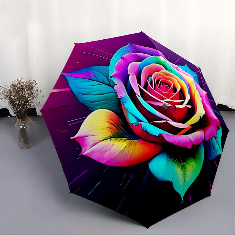 1pc Rainbow Rose Print Automatic Folding Umbrella - Portable Collapsible Design, 8-Rib Iron Frame, Durable Fabric yy251125112