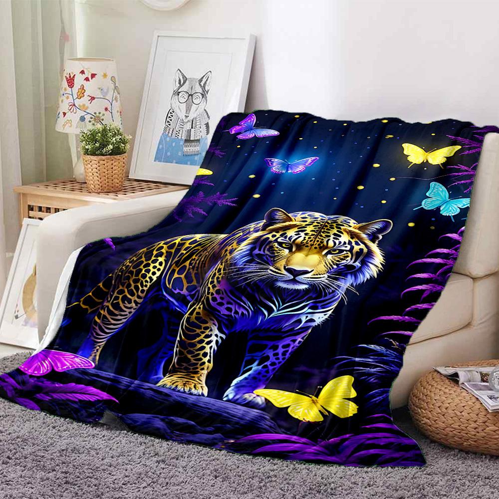 1pc Neon Jaguar Print Blanket - Lightweight Flannel Fleece with Digital Printing, Soft Warm for Sofa, Travel, Camping, Office Yy251018265
