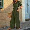 Women's Fashionable Solid Color V-neck  Button Short Sleeved Casual Loose Wide Leg Pants Jumpsuit