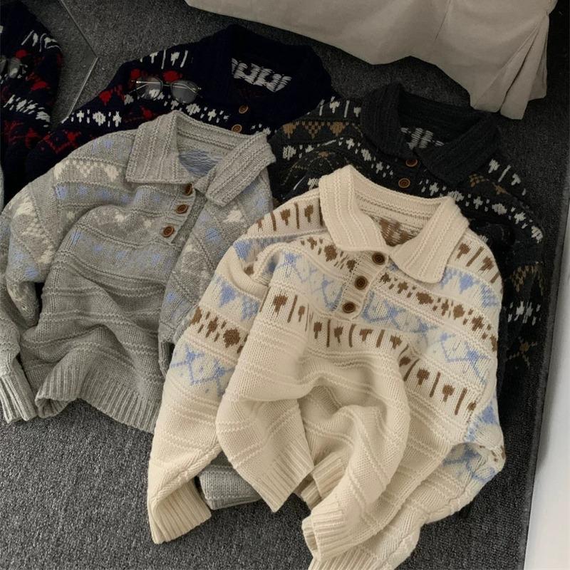 Elegant Printed Loose Knitted Women Sweater Autumn Winter Outer Wear Loose Thickened Sweaters Long Sleeve Casual Office Tops Simple Lapel Clothing