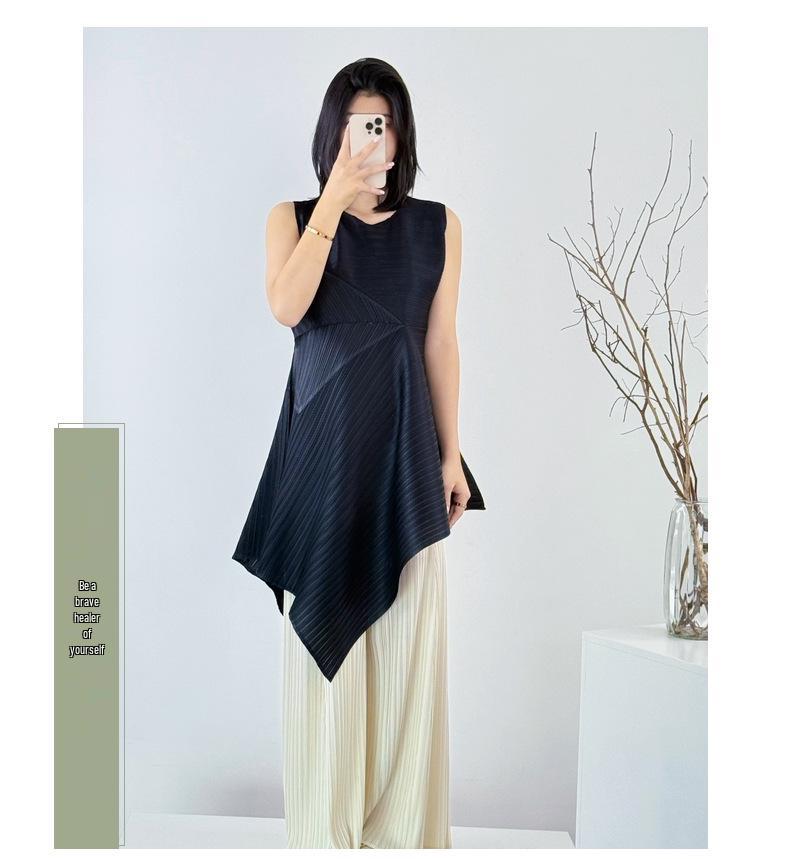 Miyake Pleats PP Irregular Sleeveless Long Dress - Japanese Casual, Waist-Cinched, Slimming, Lightweight Luxury Fashion.