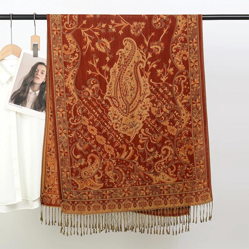 Bohemia Ethnic Style Women Scarf Retro Jacquard Thick Cashmere Tassel Shawl Winter Warm Muslim Hijab Wrap Pashmina