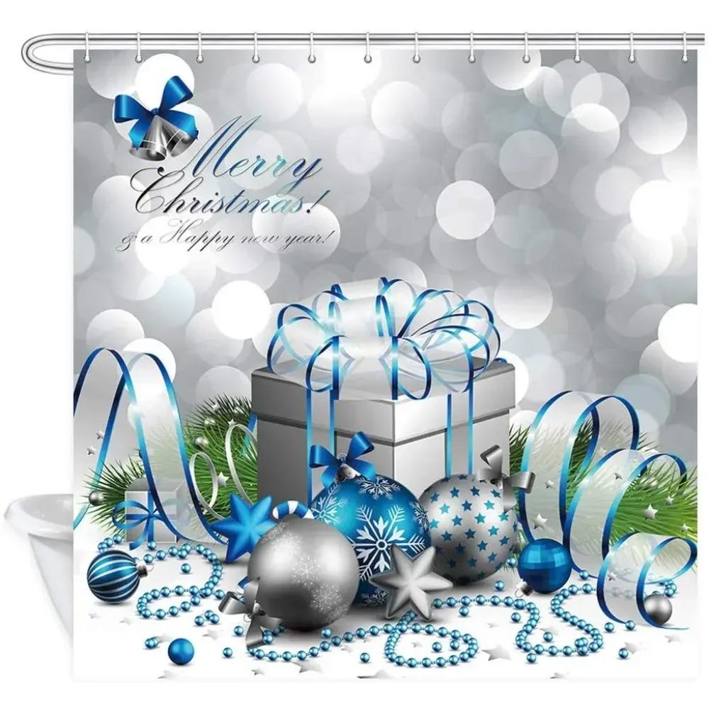 

Счастливого Рождества Серебряный и Синий Рождественский Шар и Подарочная Коробка для Нового Года Шторки для Ванной 90X180cm