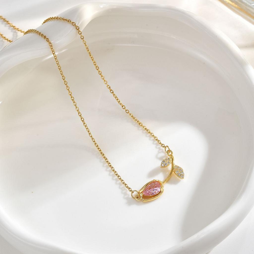Women's Elegant Tulip Necklace High-End Zircon Flower Pendant Stainless Steel Light Luxury Jewelry Gift