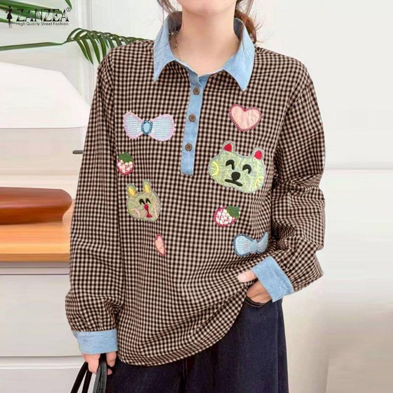 ZANZEA Women Casual Turn Down Collar Long Sleeve Plaid Print Blouse