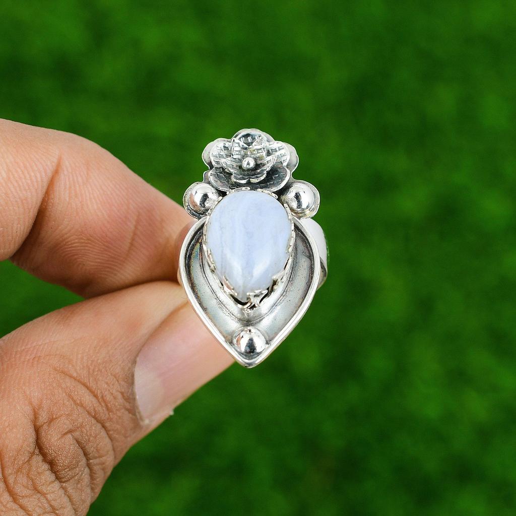 Gift For Her 925 Silver Natural Blue Lace Agate Statement Flower Adjustable Ring