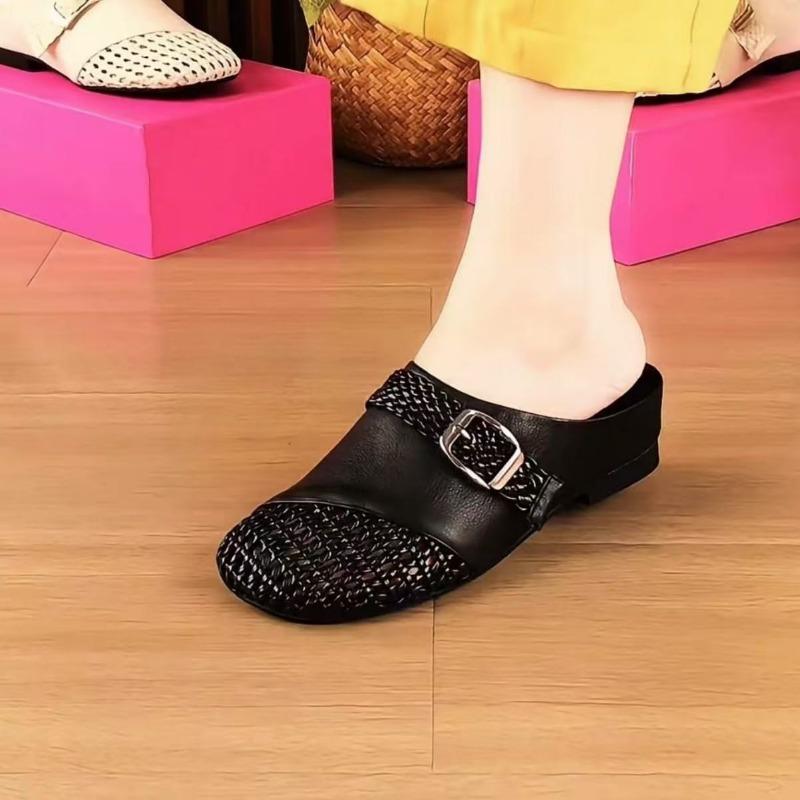 Woven Hollow Bag Head Mop Leather Thick Heel Half Slippers Women's Versatile Low Heel Sandals Women's One-button Round Head Cool Slippers