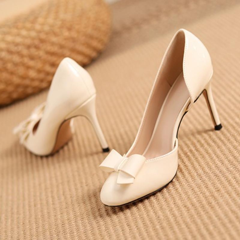 Fashion Nude Patent Leather Butterfly Knot Brand Pumps Women Fashion Round Toe Shallow Thin Heel Designer Shoes Elegant Party Dress Shoe