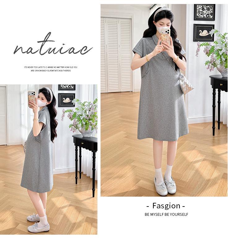 Trendy Korean-Style Summer Maternity Dress - Loose, Casual, Slimming Fit with High-End Lapel Design