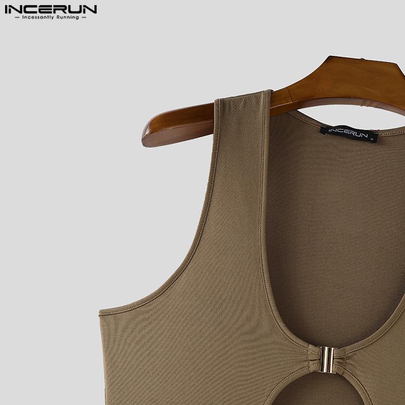 INCERUN Men U Neck Sleeveless Cutout Button Casual Long Tanks Cardigan