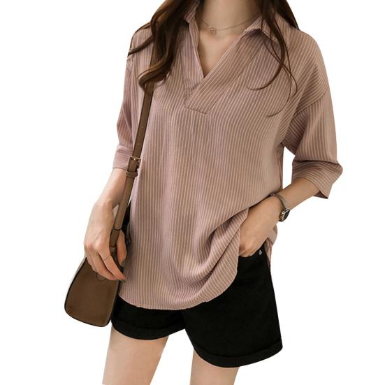 

Plus Size Summer Casual Women Striped Lapel V Neck 3/4 Sleeve Loose Shirt Blouse XXXXL розовый