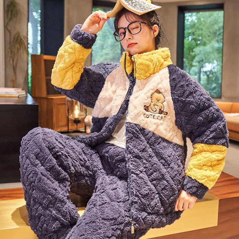 Nové Coral Fleece Pyžamo Dámské Podzimní a Zimní Pyžamo Třívrstvé Zahuštěné Plyšové Domácí Oblečení Teplá Bavlna Domácí Oblečení