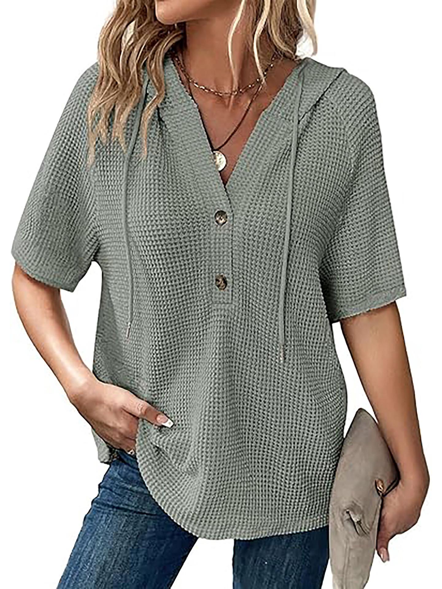 Women s Summer Waffle Knit Short-Sleeve V-Neck Hoodie Shirt Large зелёный