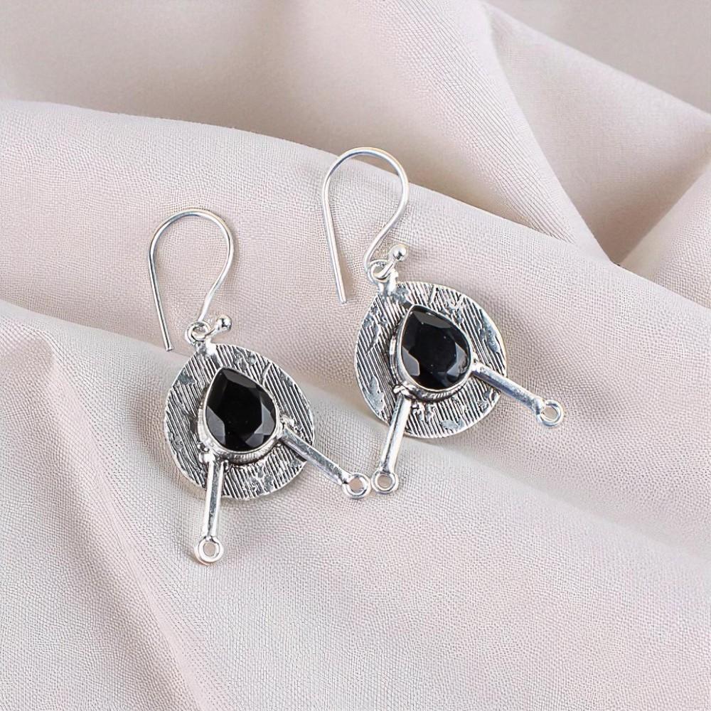 Black Onyx Gemstone 925 Sterling Silver Jewelry Handmade Women Earrings 1.86" EE-78-14
