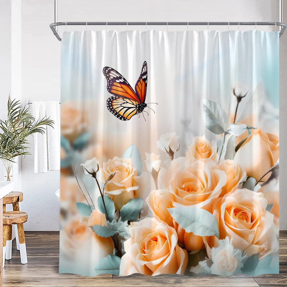 Colorful Butterflies Floral Shower Curtain Flowers Plants Blooming Blossom Bathroom Decorations Polyester Bath Curtain With Hook