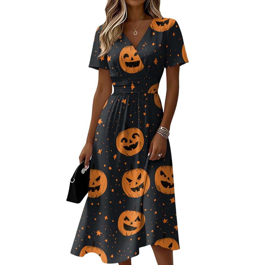 Women's V-Neck Short Sleeve Casual Dress with Halloween Print for Everyday Wear