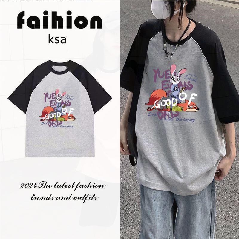 

Color-blocked short-sleeved T-shirt, plus size, fashionable and versatile printed round neck loose top, color-blocked T-shirt XL