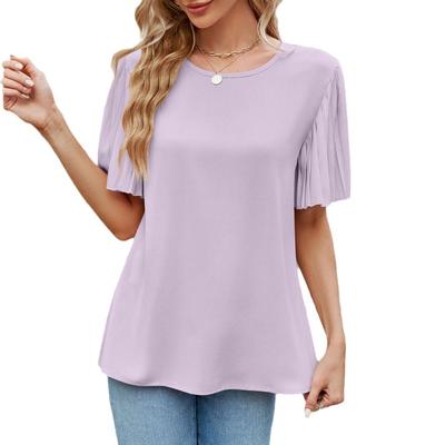 Summer Women's T-Shirt Fashion Folded Flare Sleeve Round Neck Top