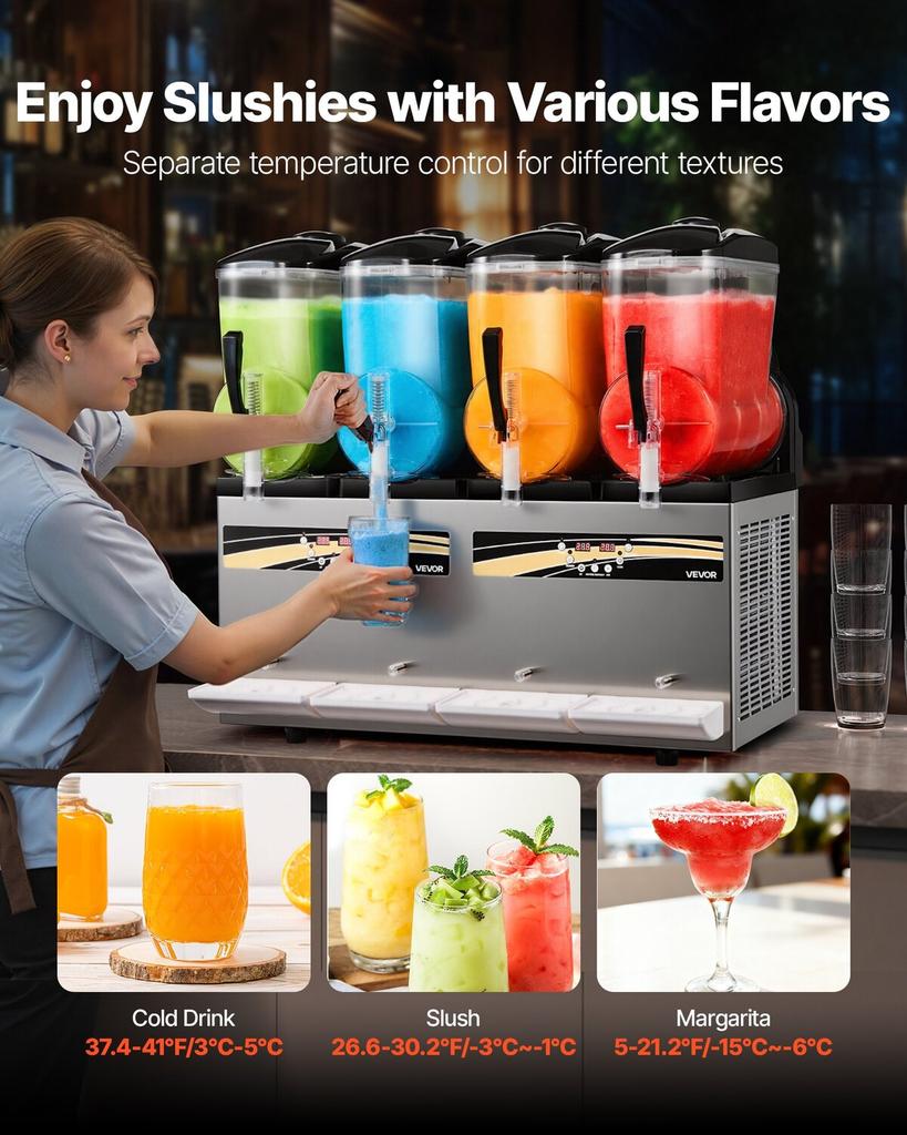 Slushie Machine, 12L/3.17Gal X 4 Tank Commercial Slushy Maker, Frozen Drink Maker with Self-Cleaning, Margarita Machine for Restaurants Bars Party for