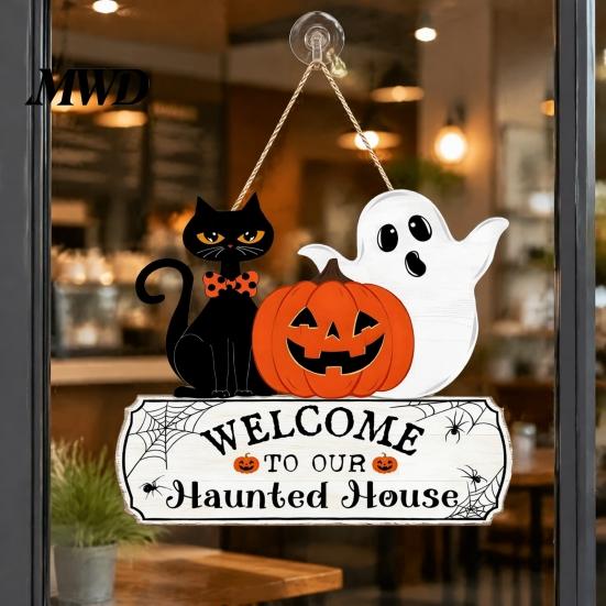 Wooden Welcome Sign Halloween Wood Door Sign, Pumpkin Ghost Black Cat Hanging Decor for Seasonal Plaque Front Door, Rustic Farmhouse Wall Art