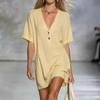 Summer Women's Loose V-Neck Short Sleeve Button Cotton Linen Dress, Casual European American Style Fashion Dress