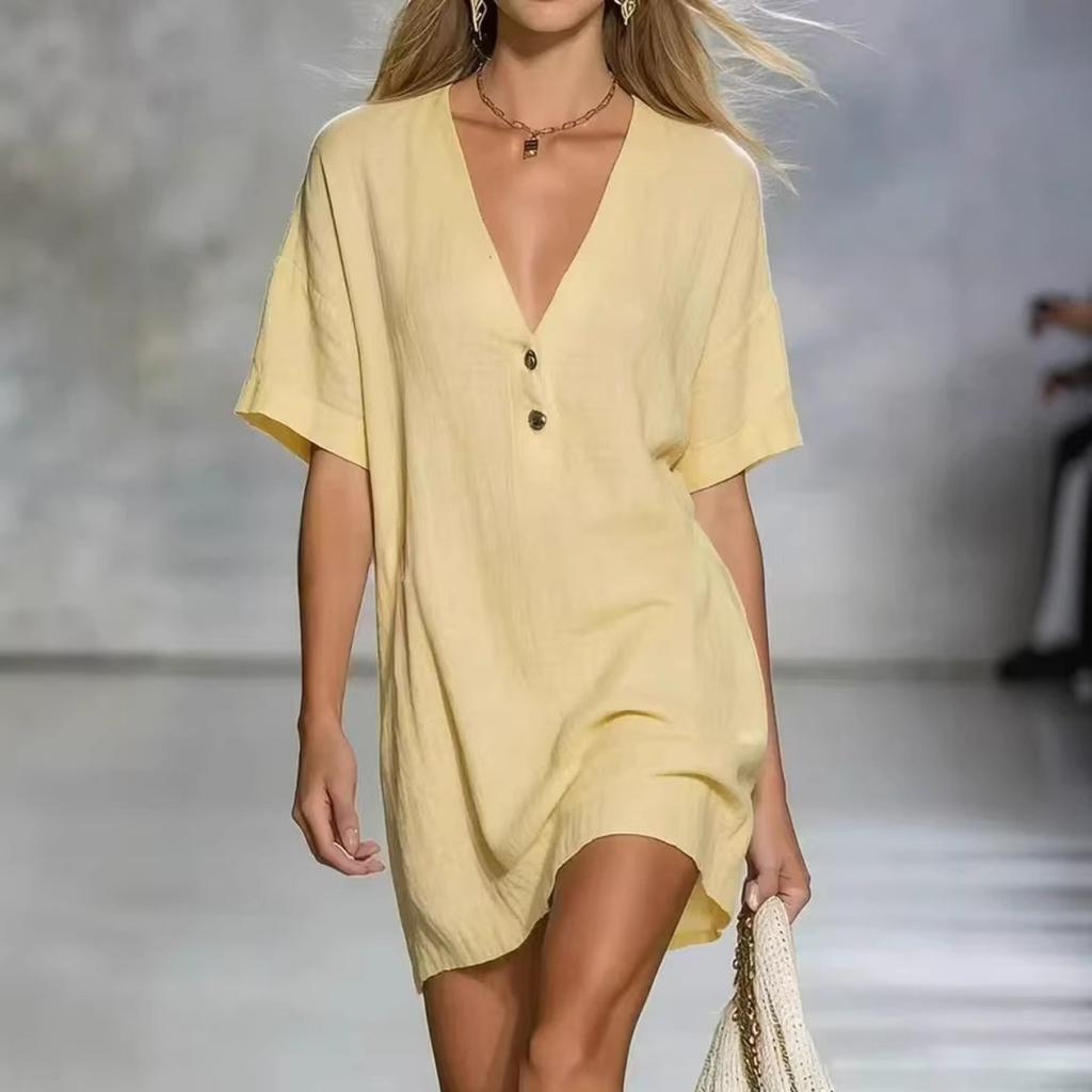 Summer Women's Loose V-Neck Short Sleeve Button Cotton Linen Dress, Casual European American Style Fashion Dress